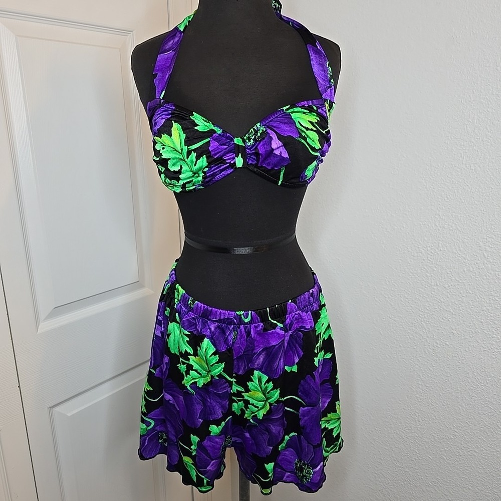 Vtg 1980's Sirena Sun Streak 2 Piece Shorts Swim Suit Bathing Beach‎ Foral SZ 14